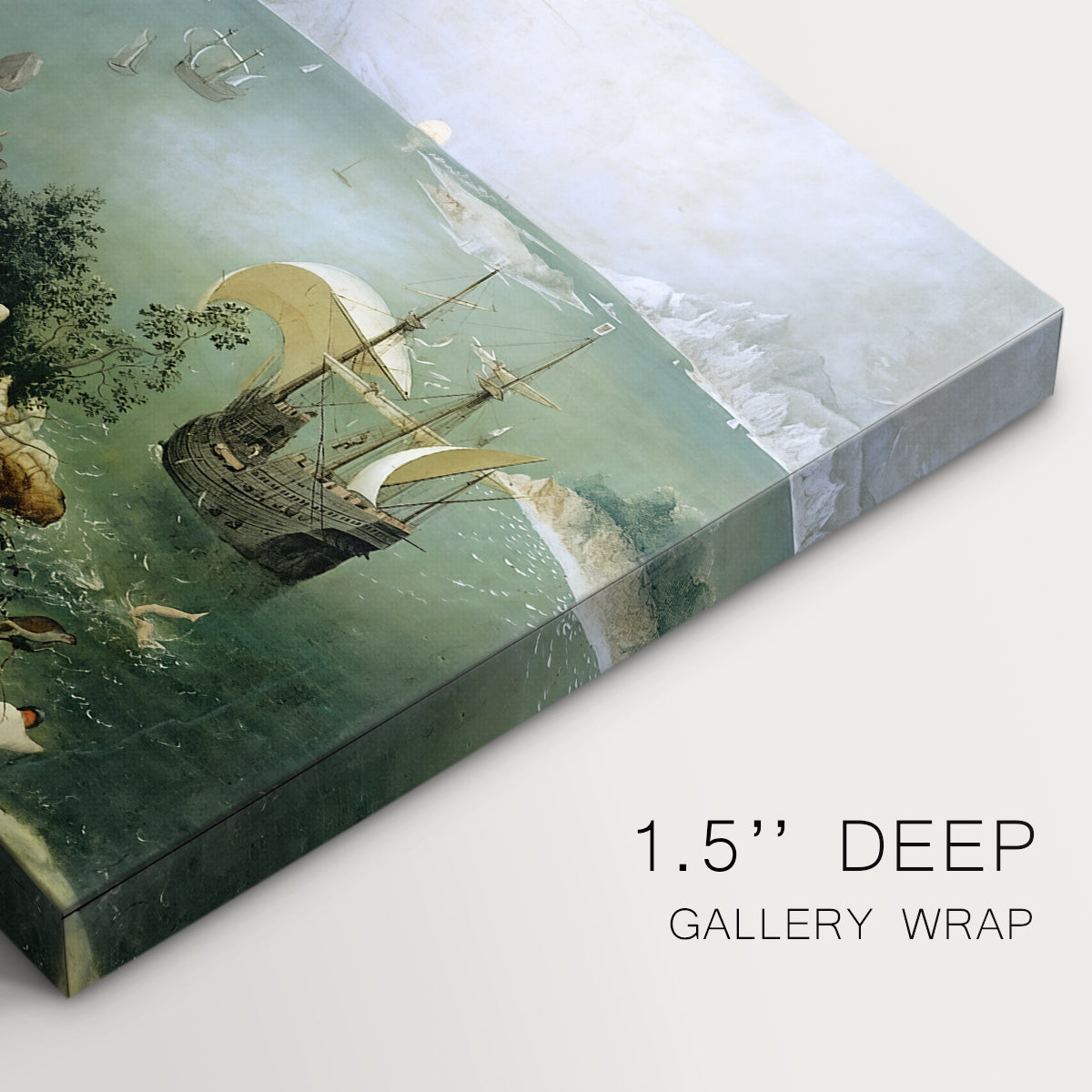 Canvas art print of a wide landscape with small figure falling into sea, highlighting texture and gallery-wrapped edges