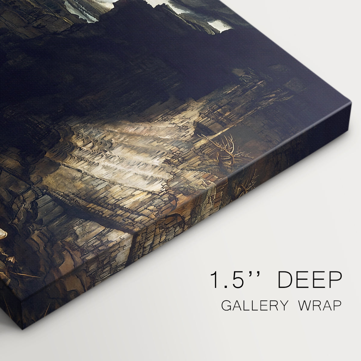 Canvas art print of a dramatic rocky gorge with towering cliffs and waterfall, highlighting texture and gallery-wrapped edges