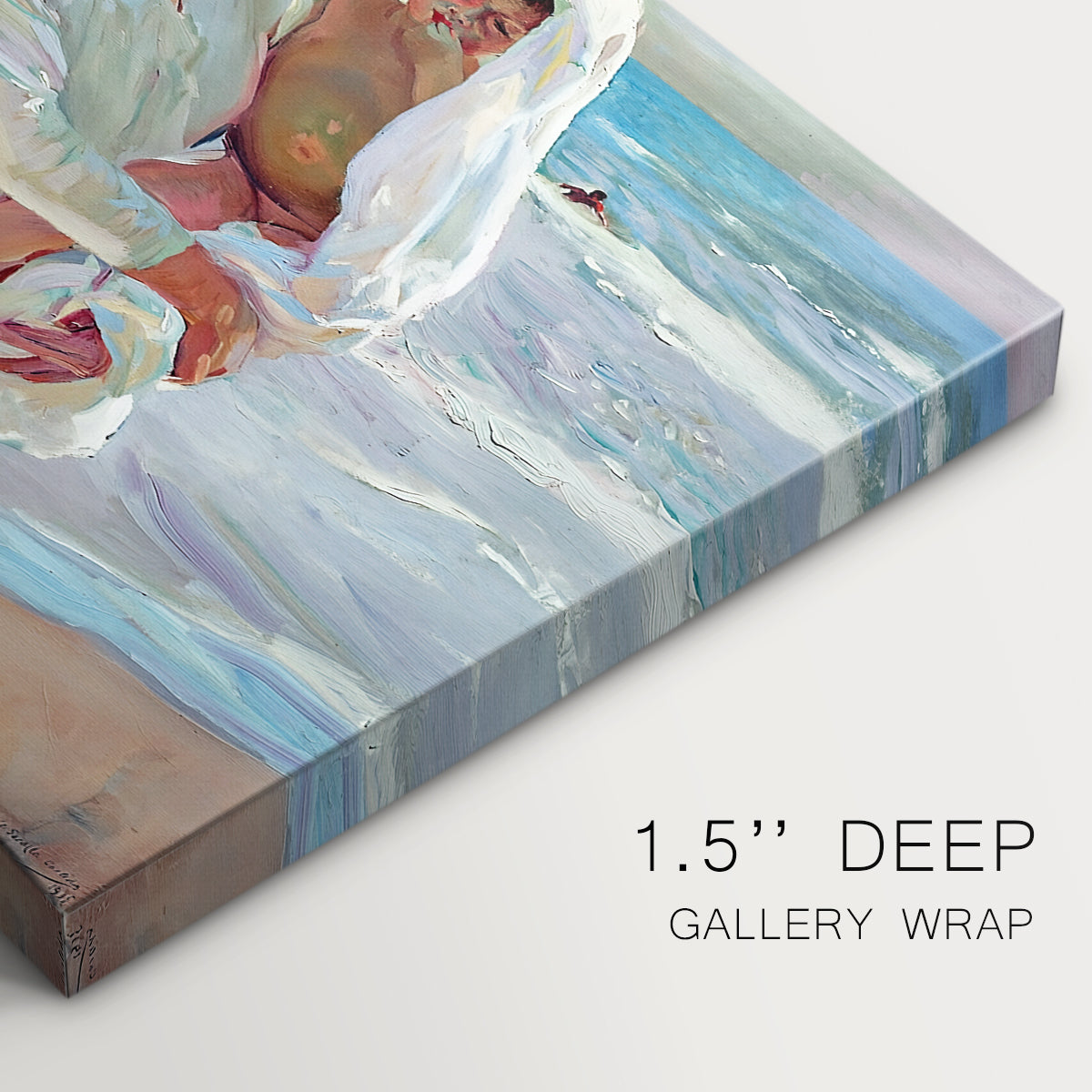 Canvas art print of figures standing on beach drying off after swimming in sunlight, highlighting texture and gallery-wrapped edges