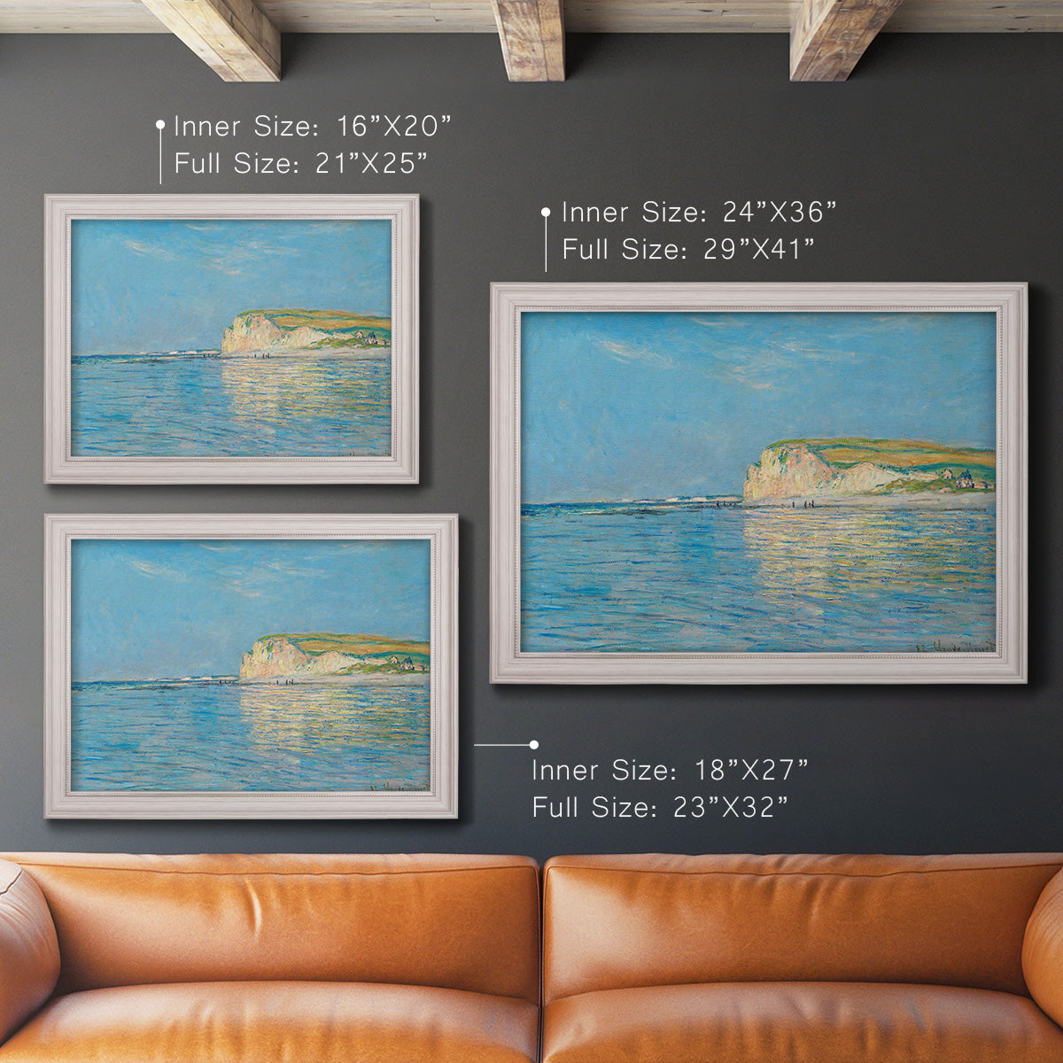 Impressionist coastal low-tide seascape at Pourville by Claude Monet in an ornate weathered white frame shown in multiple size options.