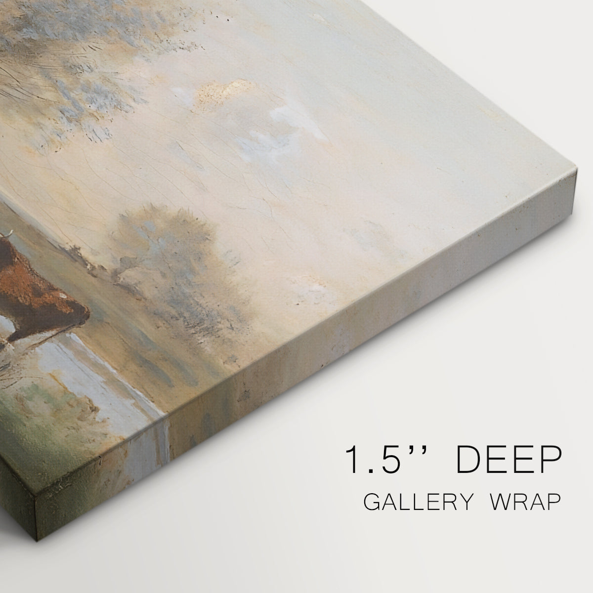 Canvas art print of a cows standing in wetland landscape with trees and water, highlighting texture and gallery-wrapped edges