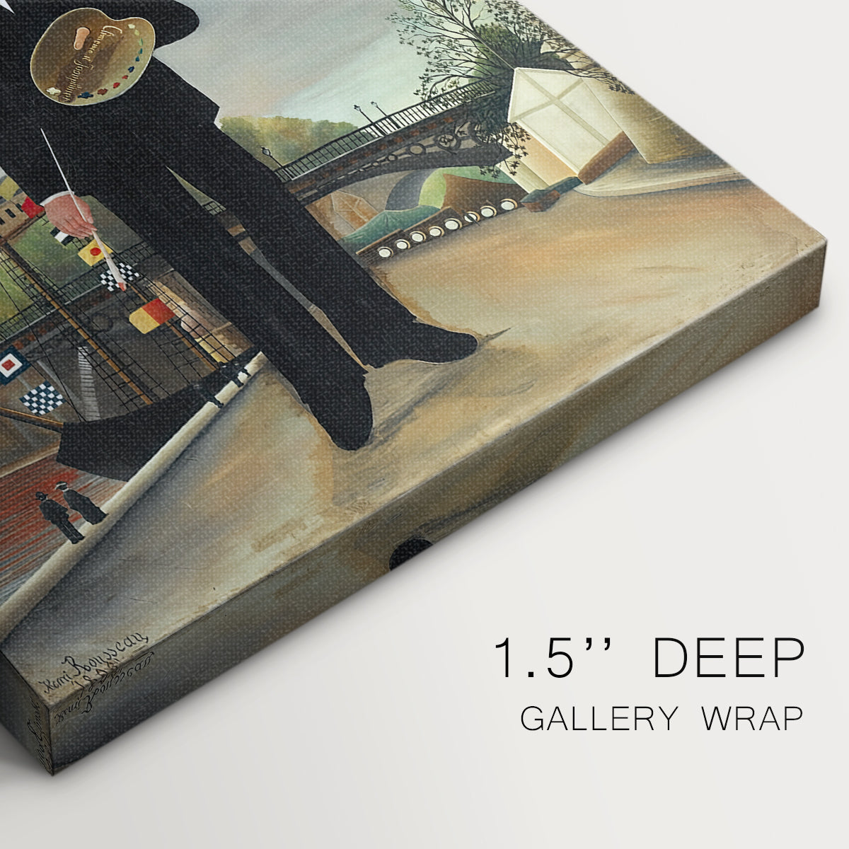 Close-up of a gallery-wrapped canvas corner showing a composed figure with simplified perspective and background, highlighting texture and print detail.