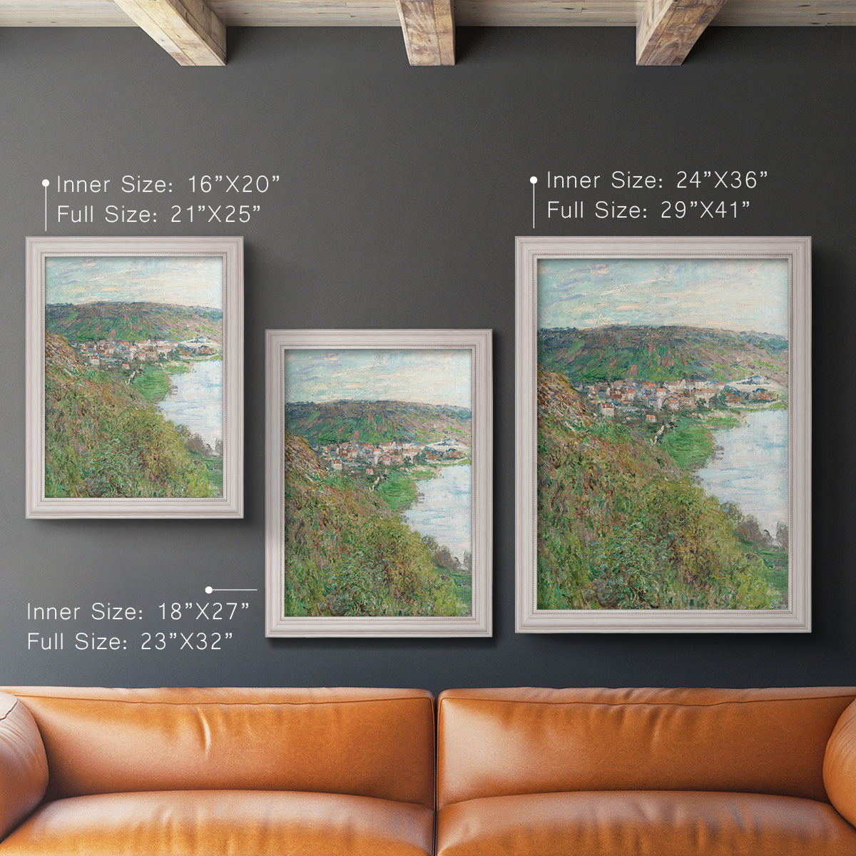 Impressionist landscape view of Vétheuil by Claude Monet in an ornate weathered white frame shown in multiple vertical size options.