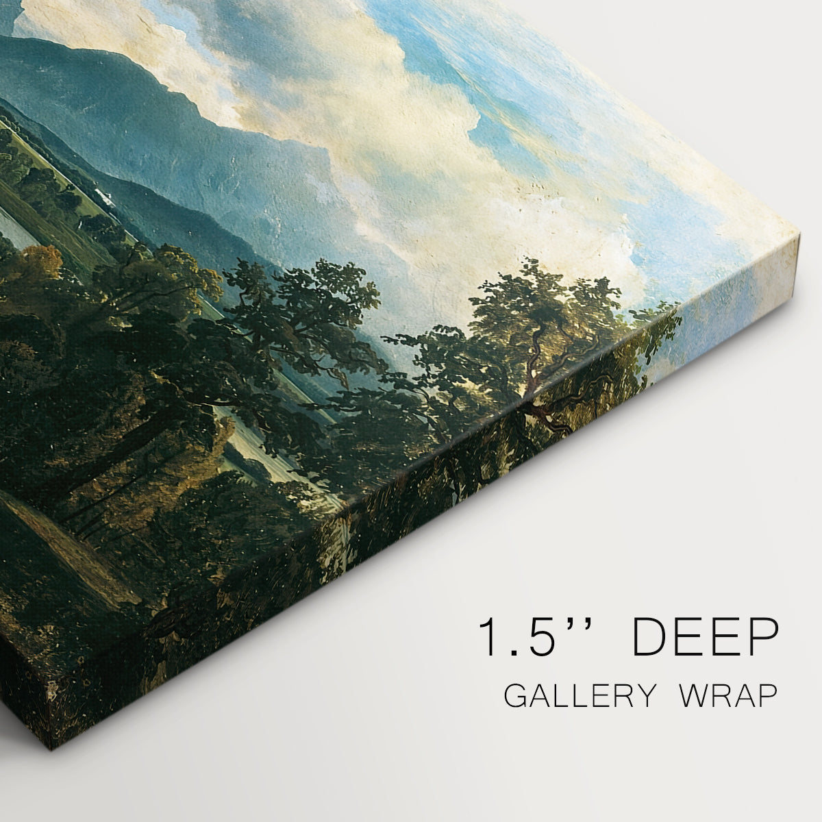 Canvas art print of a village landscape and countryside under wide sky, highlighting texture and gallery-wrapped edges