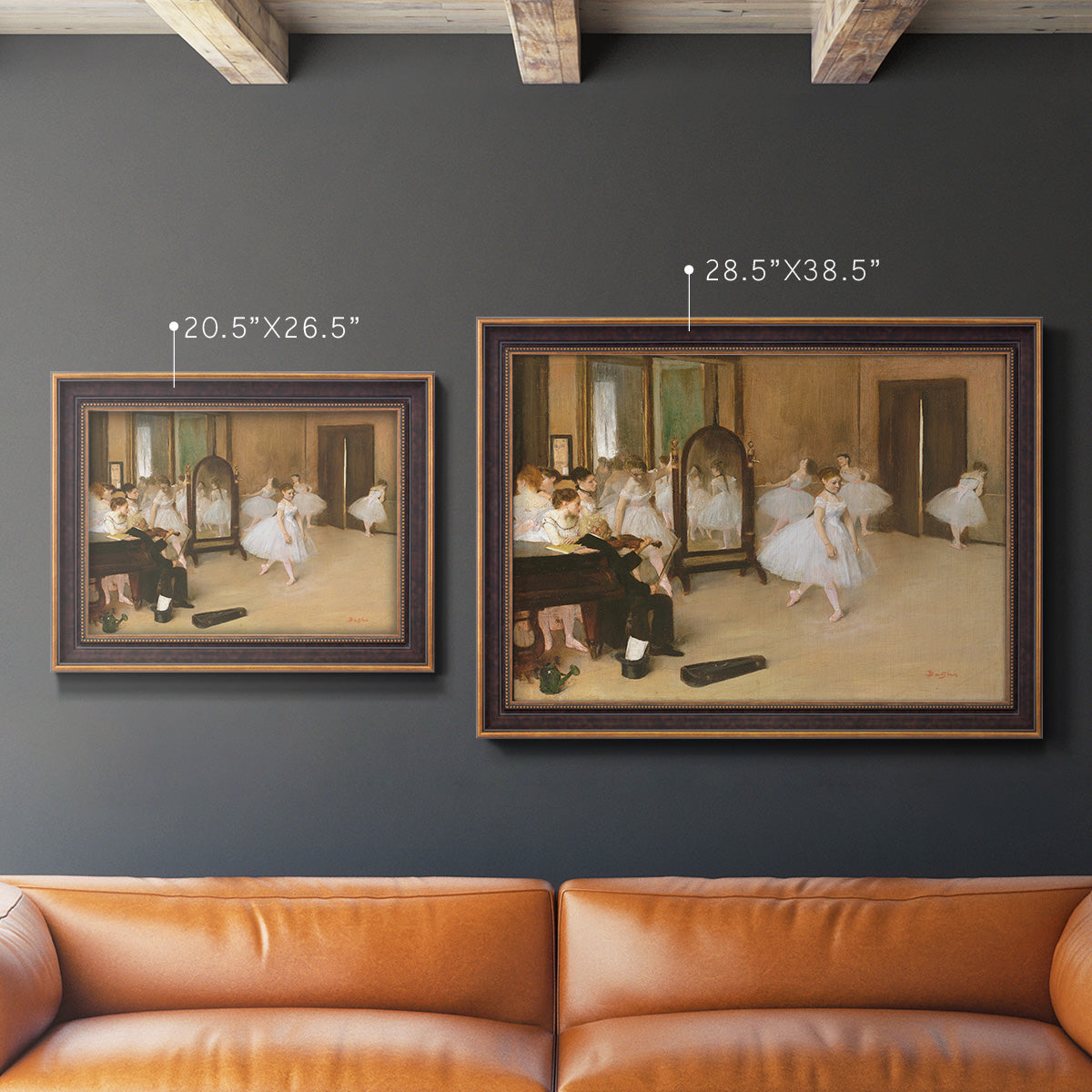 Impressionist dance class interior scene by Edgar Degas in an ornate bronzed mahogany wood frame shown in multiple size options.