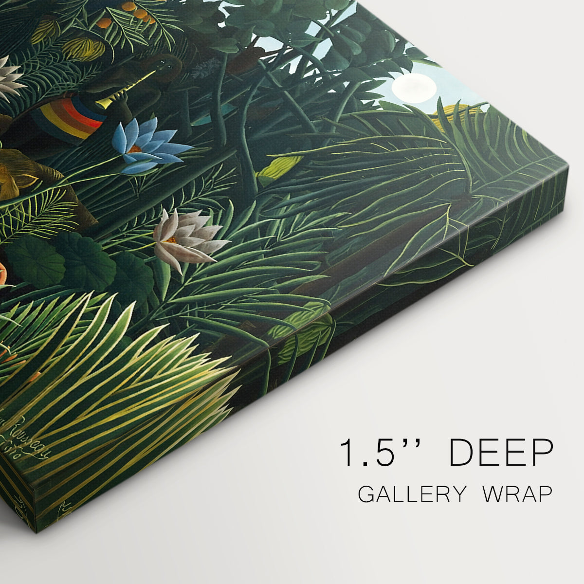 Canvas art print of a reclining nude woman surrounded by dense jungle plants and animals, highlighting texture and gallery-wrapped edges