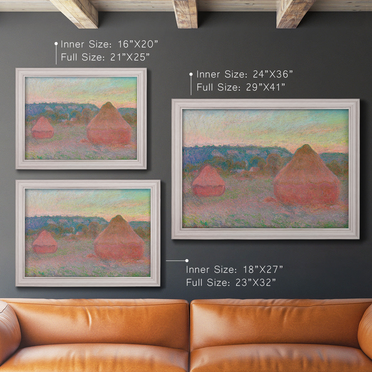 Impressionist haystack series landscape by Claude Monet in an ornate weathered white frame shown in multiple size options.