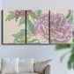 Three-panel canvas wall art featuring soft pink peony blossoms, displayed in a living room above a sofa.
