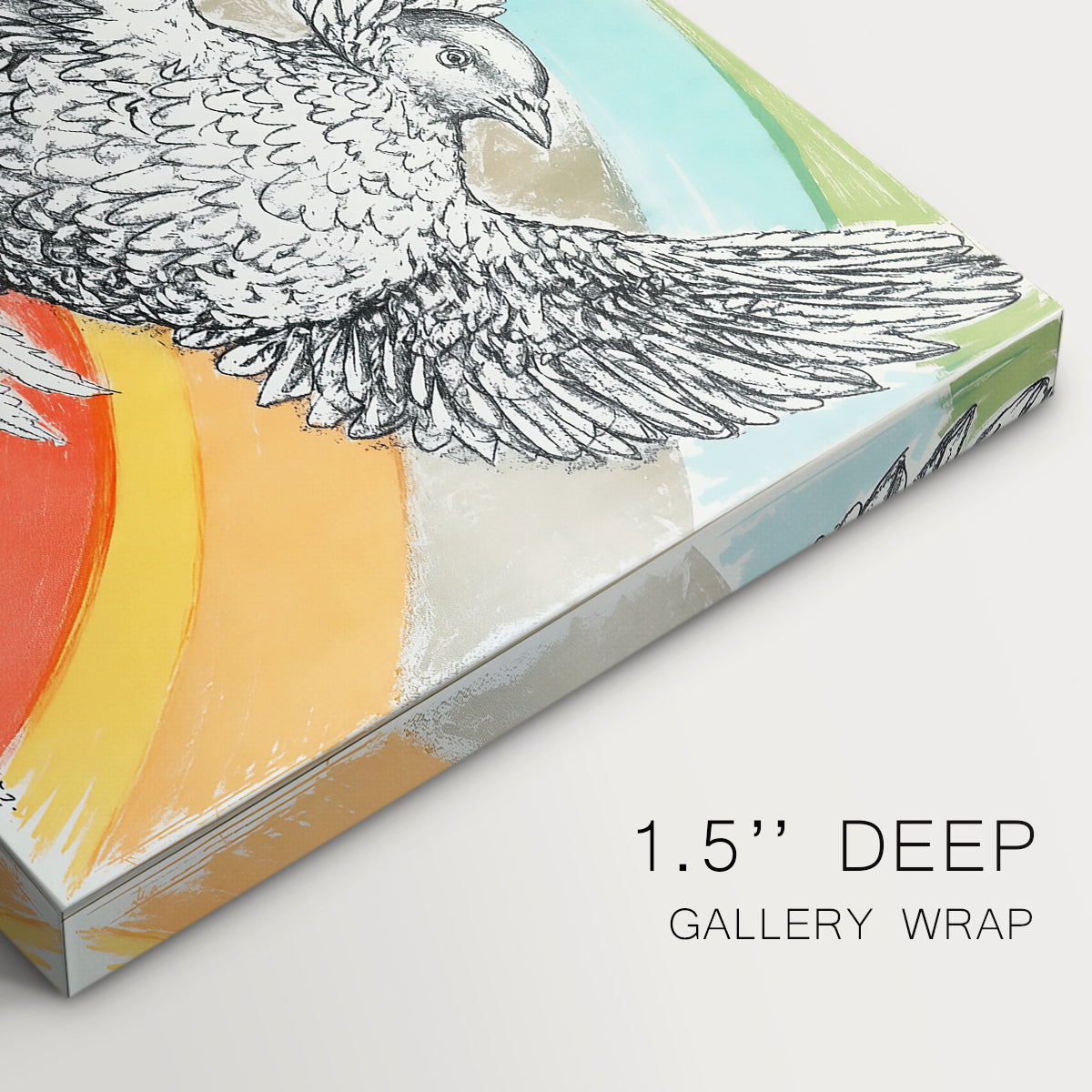 Canvas art print of a simplified dove in flight above rainbow arc, highlighting texture and gallery-wrapped edges