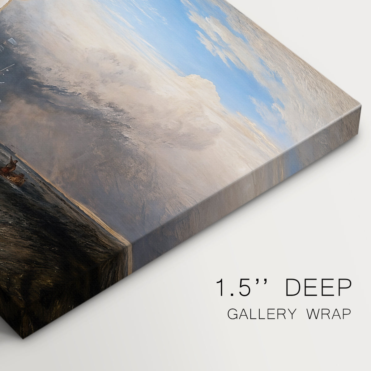 Canvas art print of fishing boats docked near shore with figures bargaining for fish in coastal setting, highlighting texture and gallery-wrapped edges