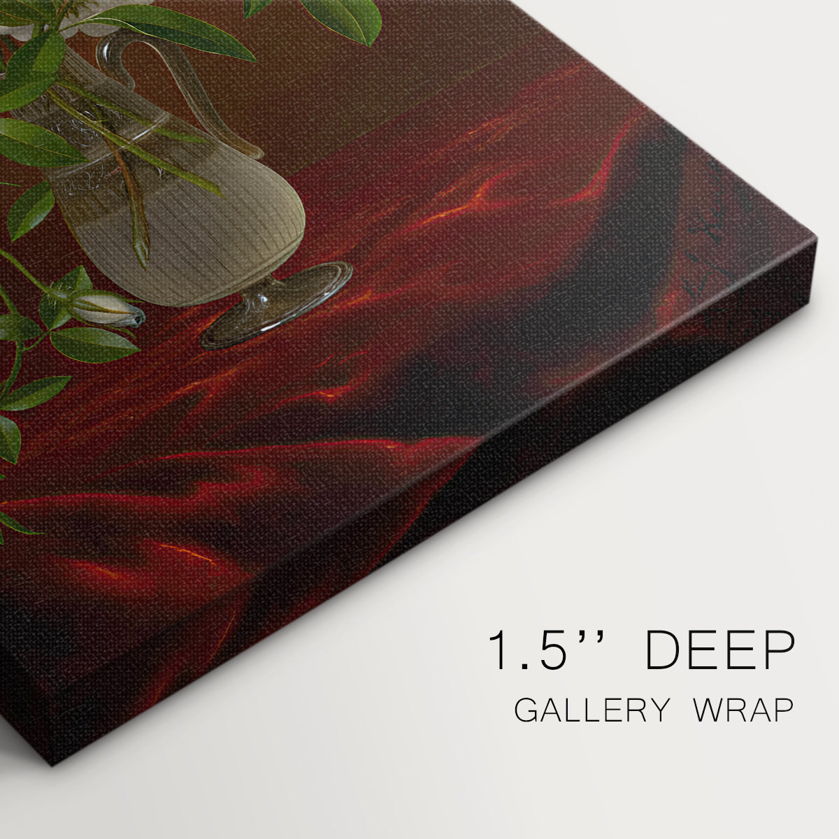 Close-up of a gallery-wrapped canvas corner showing a calm still life with soft highlights and detail, highlighting texture and print detail.