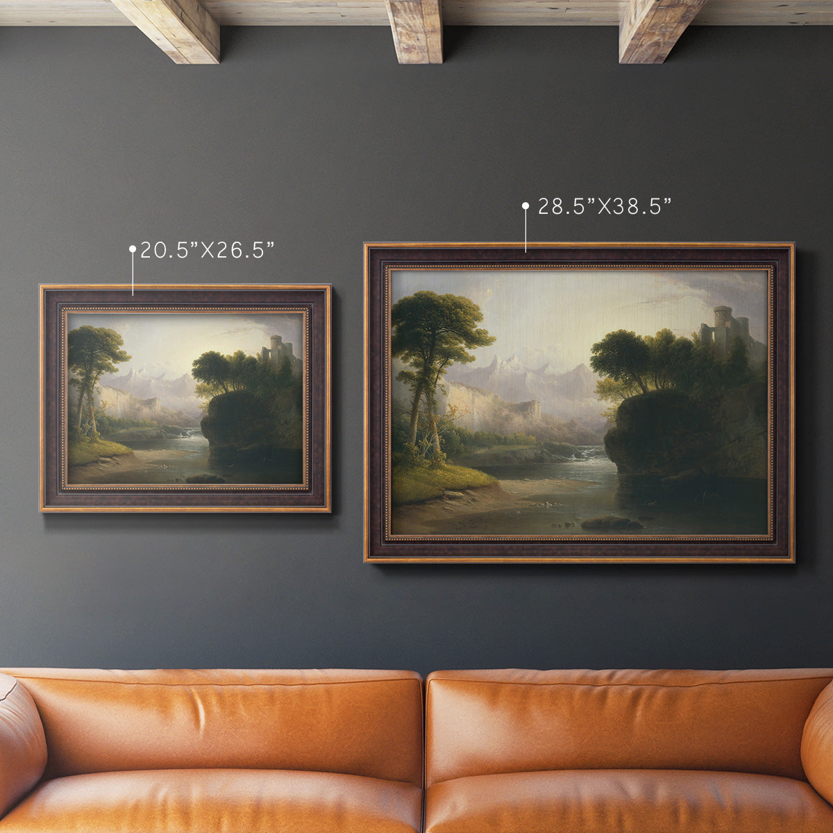 Romantic autumn landscape along the Hudson River by Thomas Doughty in an ornate bronzed mahogany wood frame shown in multiple size options.