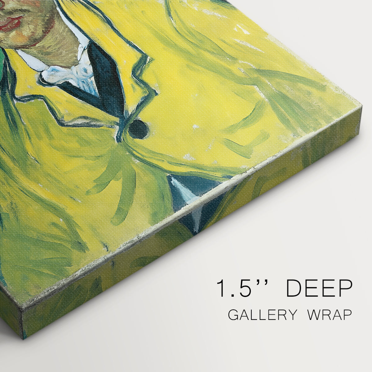 Close-up of a gallery-wrapped canvas corner showing a modern image with energetic texture and contrast, highlighting texture and print detail.