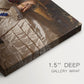 Close-up of a gallery-wrapped canvas corner showing a classic portrait with natural tones and calm mood, highlighting texture and print detail.