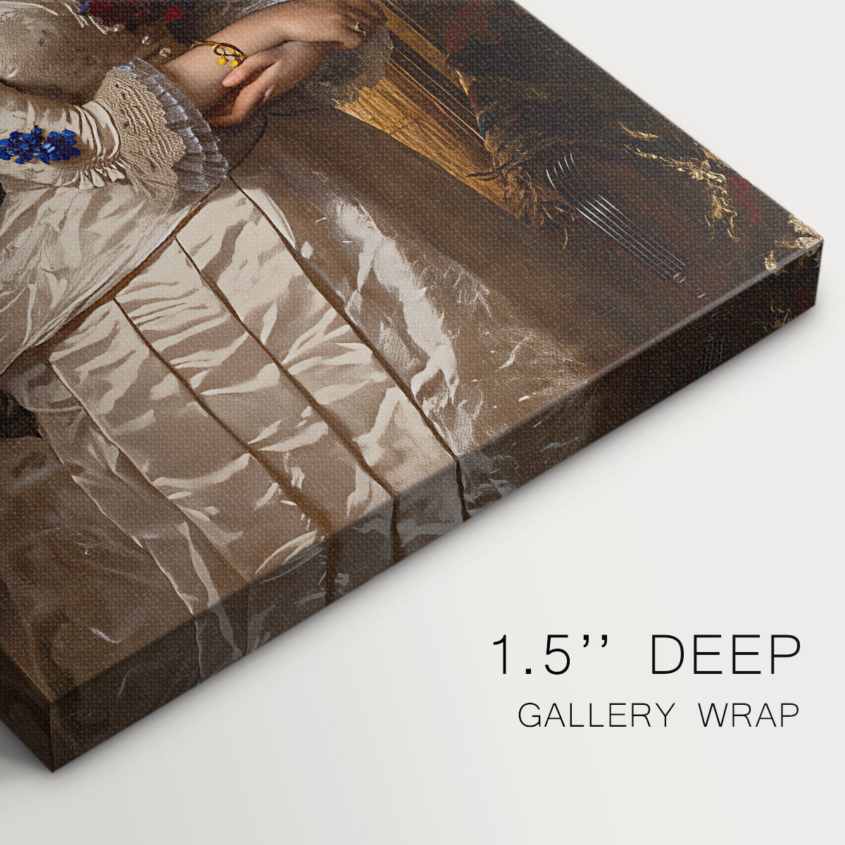 Close-up of a gallery-wrapped canvas corner showing a classic portrait with natural tones and calm mood, highlighting texture and print detail.