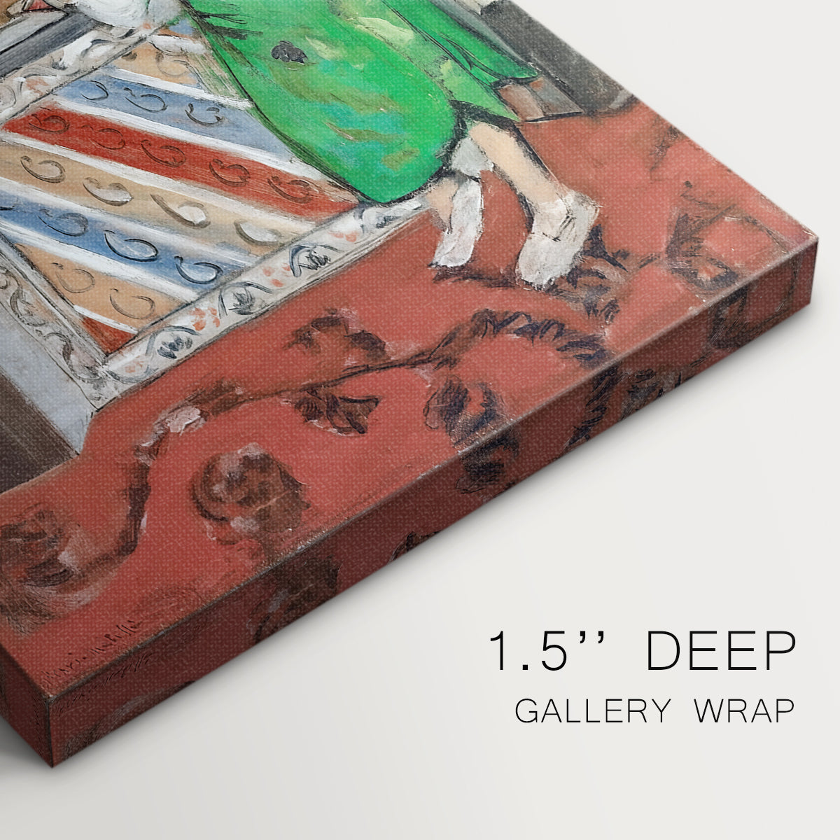 Close-up of a gallery-wrapped canvas corner showing a decorative composition with a seated girl and rich detail, highlighting texture and print detail.