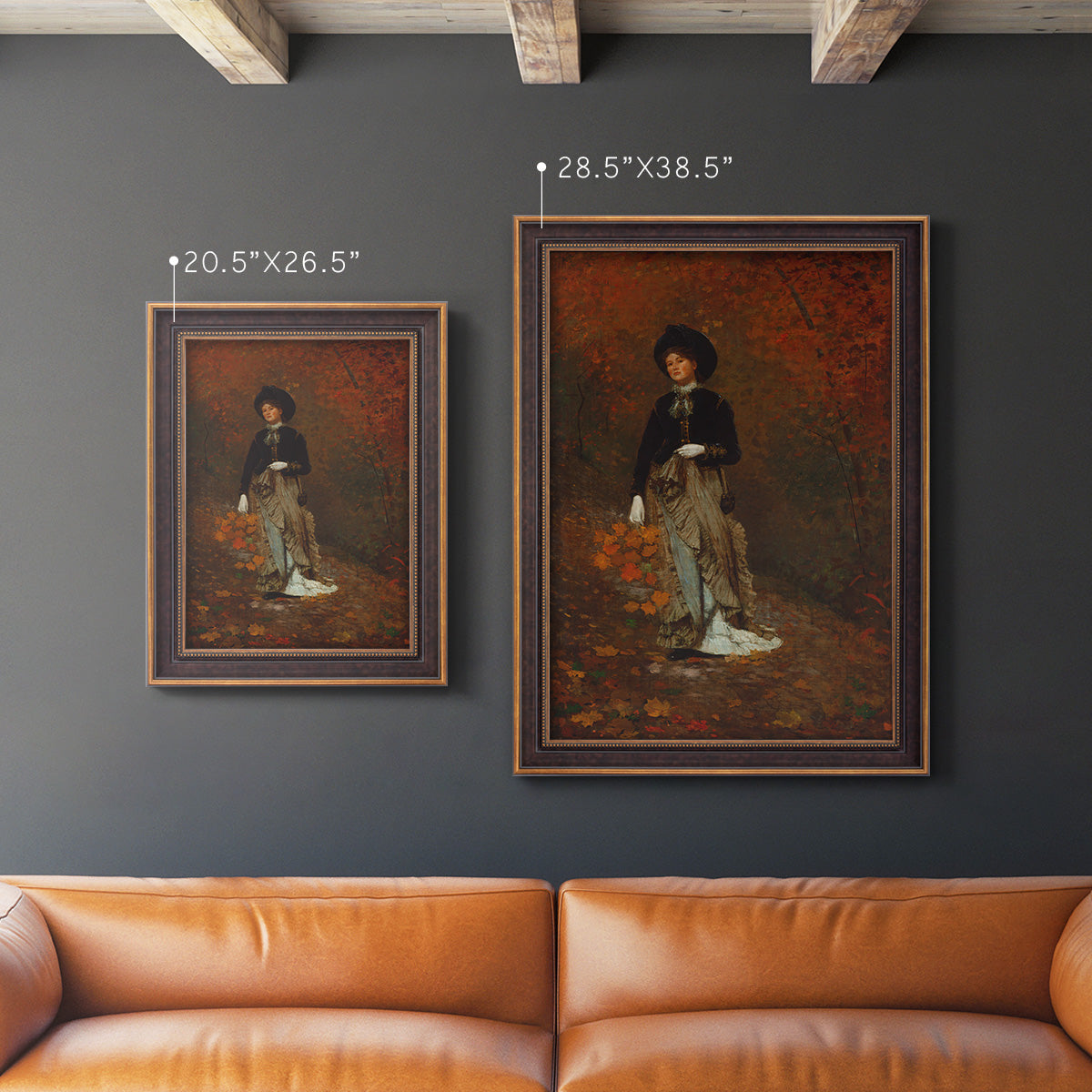Realist autumn portrait scene by Winslow Homer in an ornate bronzed mahogany wood frame shown in multiple vertical size options.