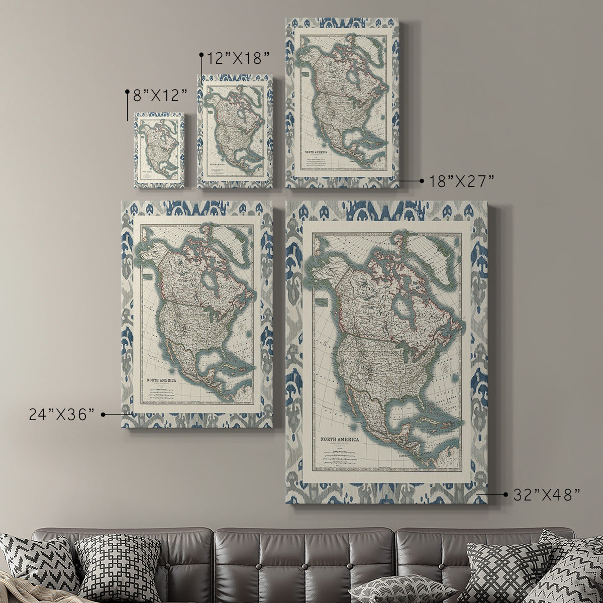 Bordered Map of North America Premium Gallery Wrapped Canvas - Ready to Hang