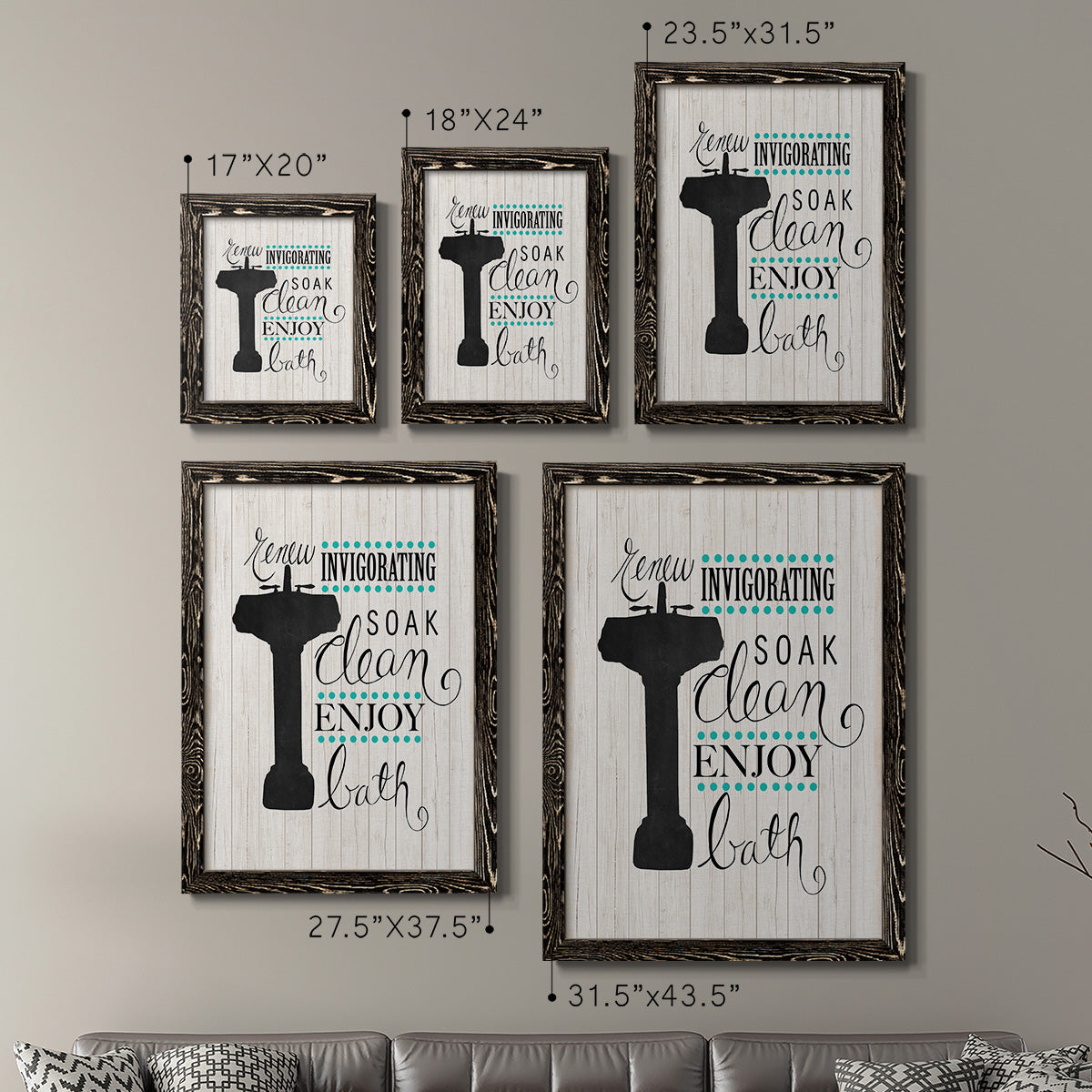 Size comparison chart for a set of two black barnwood framed canvas prints.