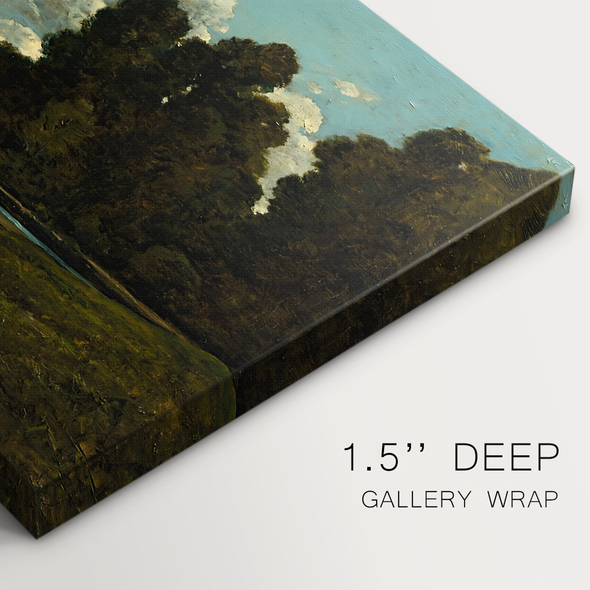 Canvas art print of a wide river landscape with distant town and boats under open sky, highlighting texture and gallery-wrapped edges