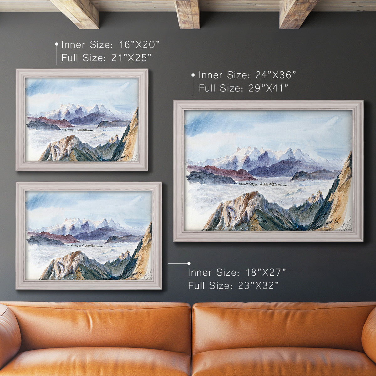 Impressionist alpine mountain landscape by John Singer Sargent in an ornate weathered white frame shown in multiple size options.
