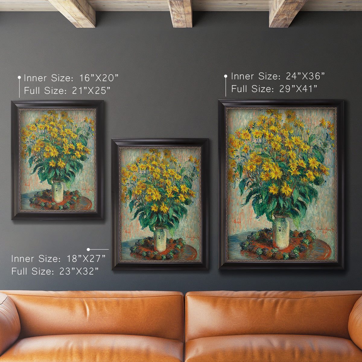 Impressionist floral painting of artichoke flowers by Claude Monet in an ornate black frame with gilded inner detail shown in multiple vertical size options.