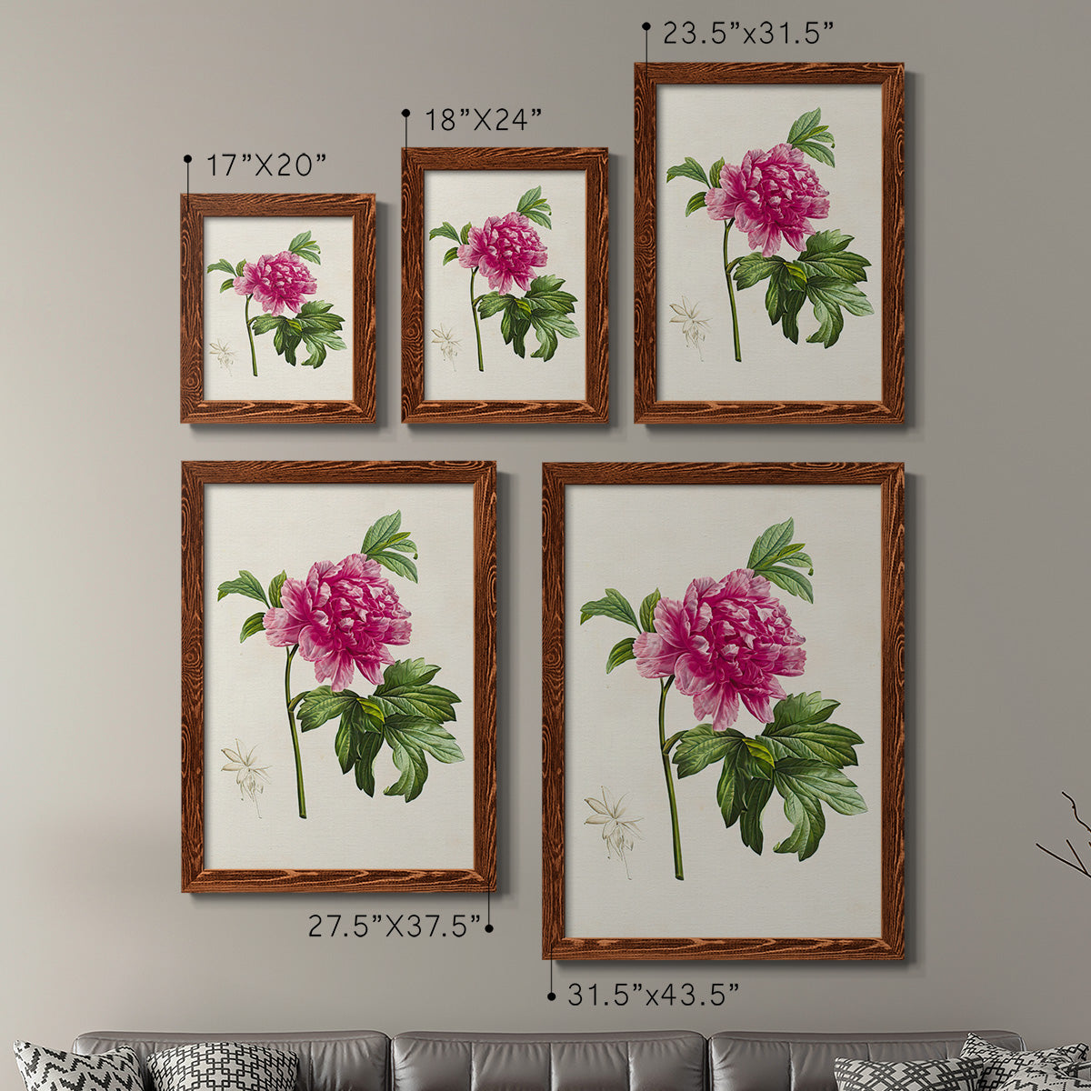 Size comparison chart for a set of two maple barnwood framed canvas prints.