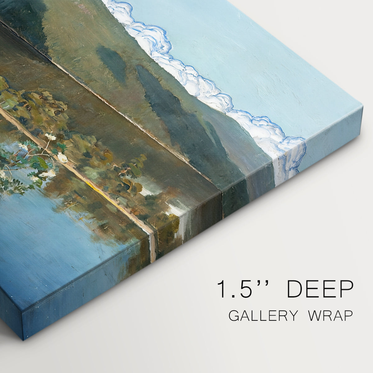 Canvas art print of a dramatic landscape with dark thunderclouds forming over distant water and hills, highlighting texture and gallery-wrapped edges