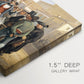 Canvas art print of a street scene with crowd gathered around vendor demonstrating product, highlighting texture and gallery-wrapped edges