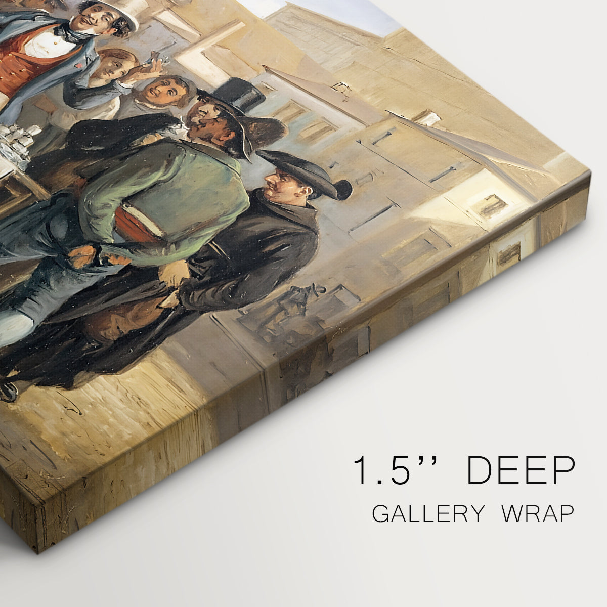 Canvas art print of a street scene with crowd gathered around vendor demonstrating product, highlighting texture and gallery-wrapped edges
