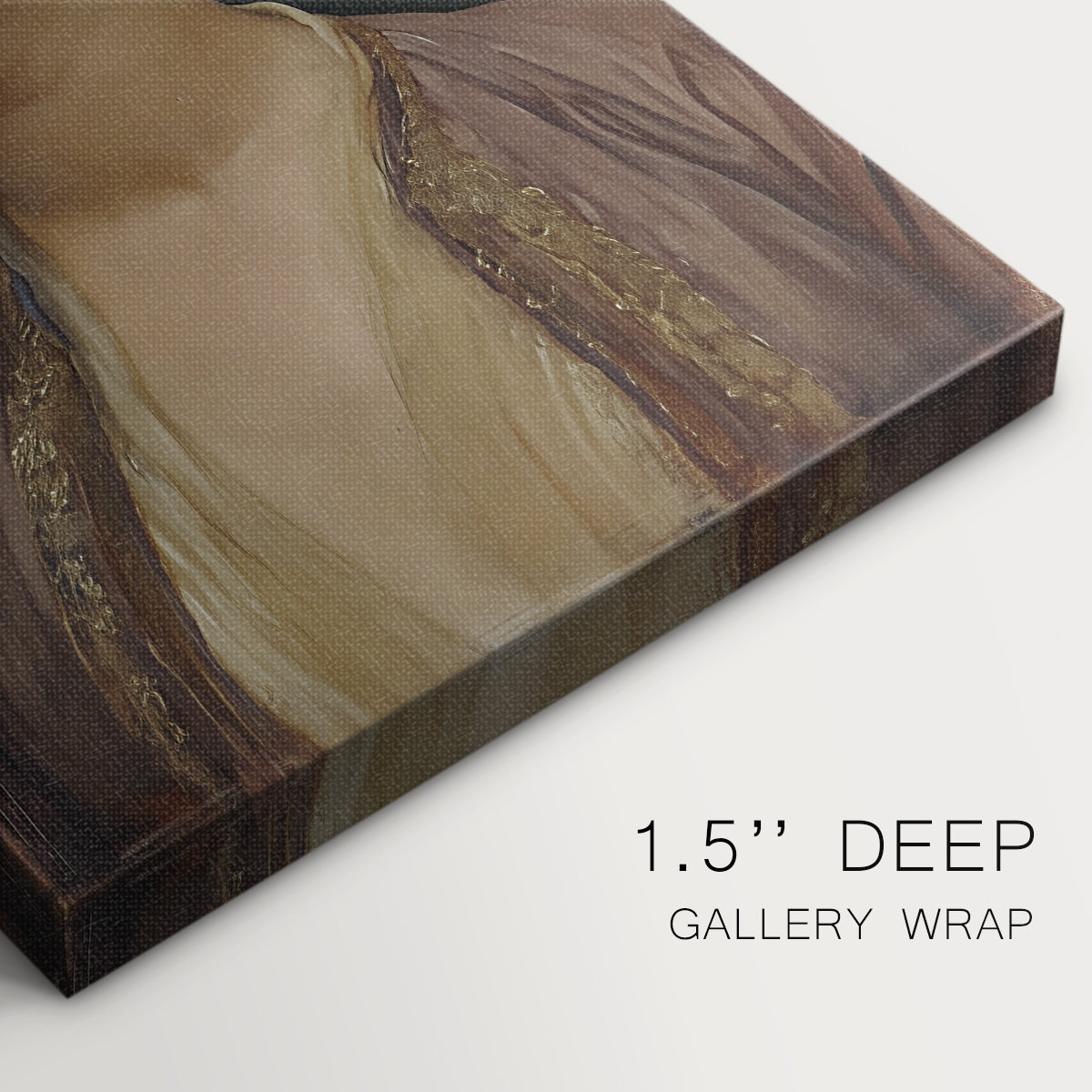 Close-up of a gallery-wrapped canvas corner showing a composed figure study with subtle shading, highlighting texture and print detail.