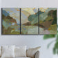 Three-panel canvas wall art featuring abstract landscape suggesting travel pause, displayed in a living room above a sofa.