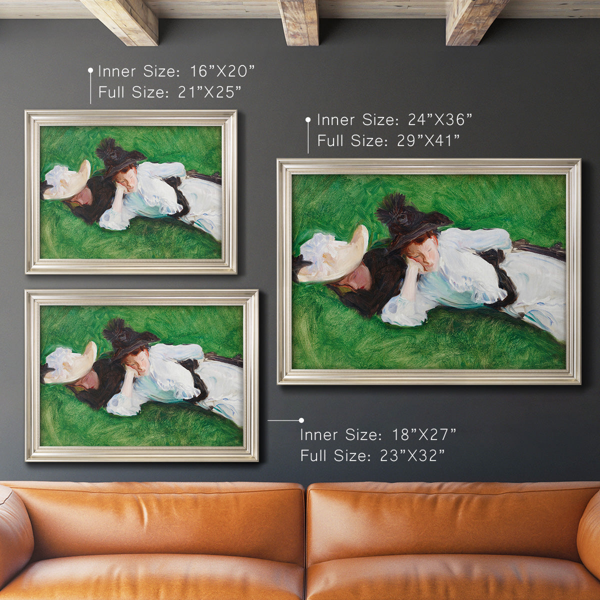 Impressionist outdoor portrait of two girls by John Singer Sargent in an ornate champagne frame shown in multiple size options.