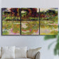 Three-panel canvas wall art featuring arched rose garden walkway, displayed in a living room above a sofa.