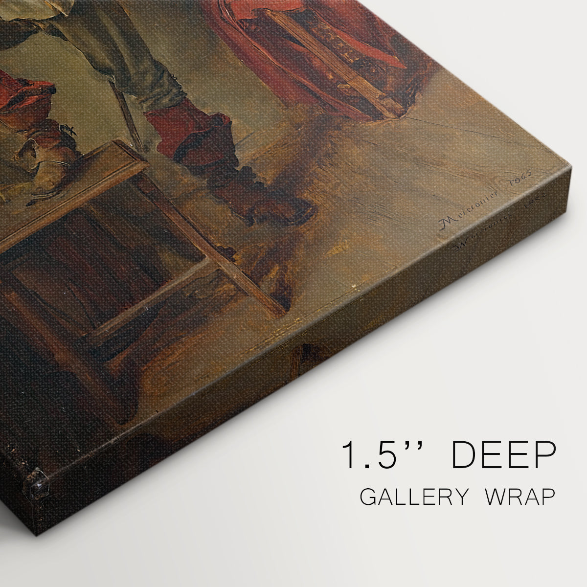 Close-up of a gallery-wrapped canvas corner showing a detailed composition with a figure and instrument, highlighting texture and print detail.
