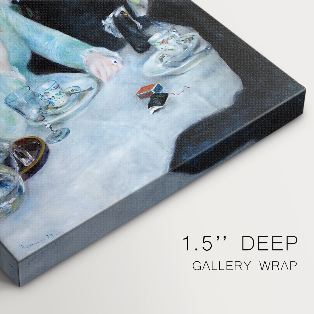 Close-up of a gallery-wrapped canvas corner showing a soft composition with subtle detail and gentle color palette, highlighting texture and print detail.