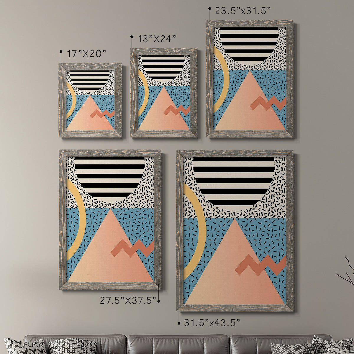Size comparison chart for a set of two gray barnwood framed canvas prints.