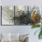 Three-panel canvas wall art featuring dynamic circular abstract motion, displayed in a living room above a sofa.