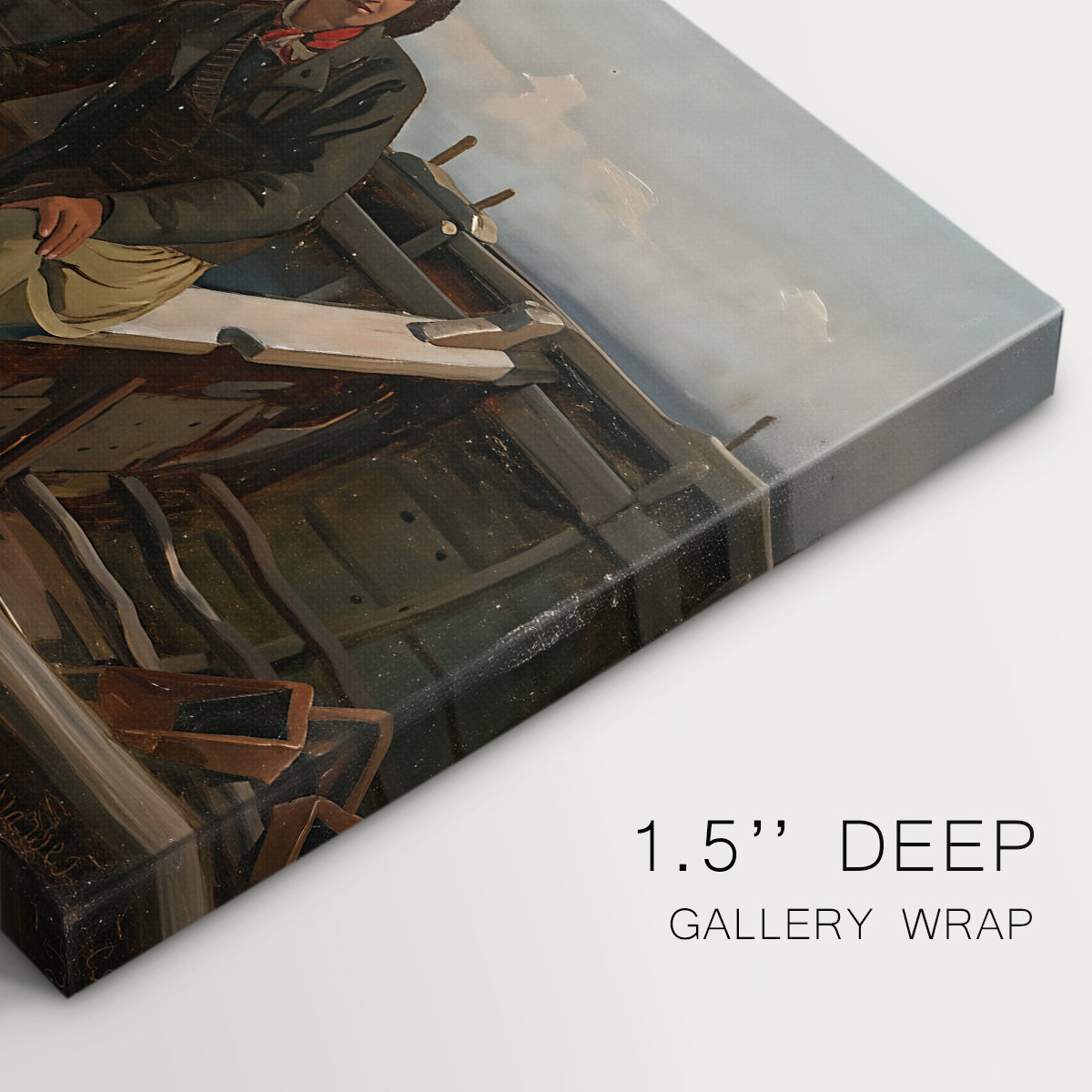 Canvas art print of fishermen working from small boat on open water near shore, highlighting texture and gallery-wrapped edges