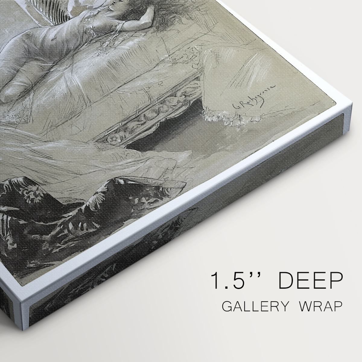 Close-up of a gallery-wrapped canvas corner showing a refined interior portrait with intimate atmosphere, highlighting texture and print detail.
