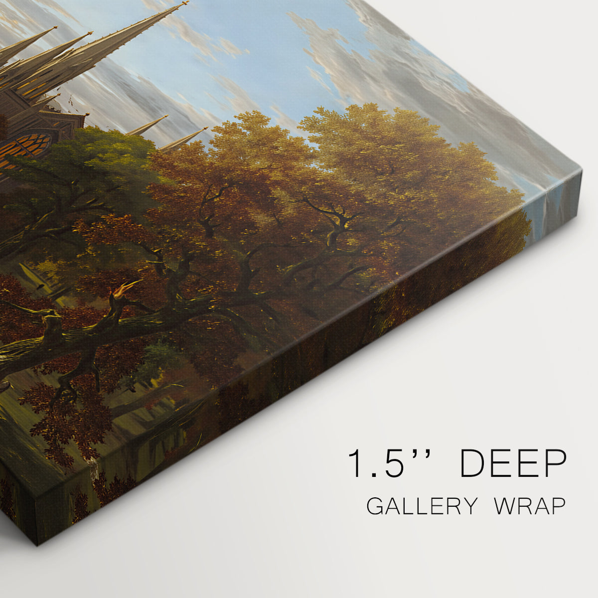 Canvas art print of figures approaching settlement within expansive landscape under warm light, highlighting texture and gallery-wrapped edges