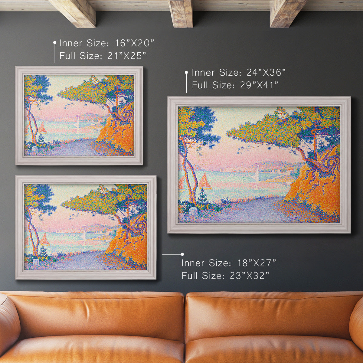 Pointillist coastal seascape by Paul Signac in an ornate weathered white frame shown in multiple size options.