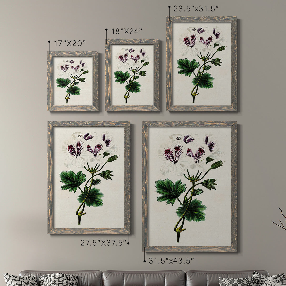 Size comparison chart for a set of two gray barnwood framed canvas prints.