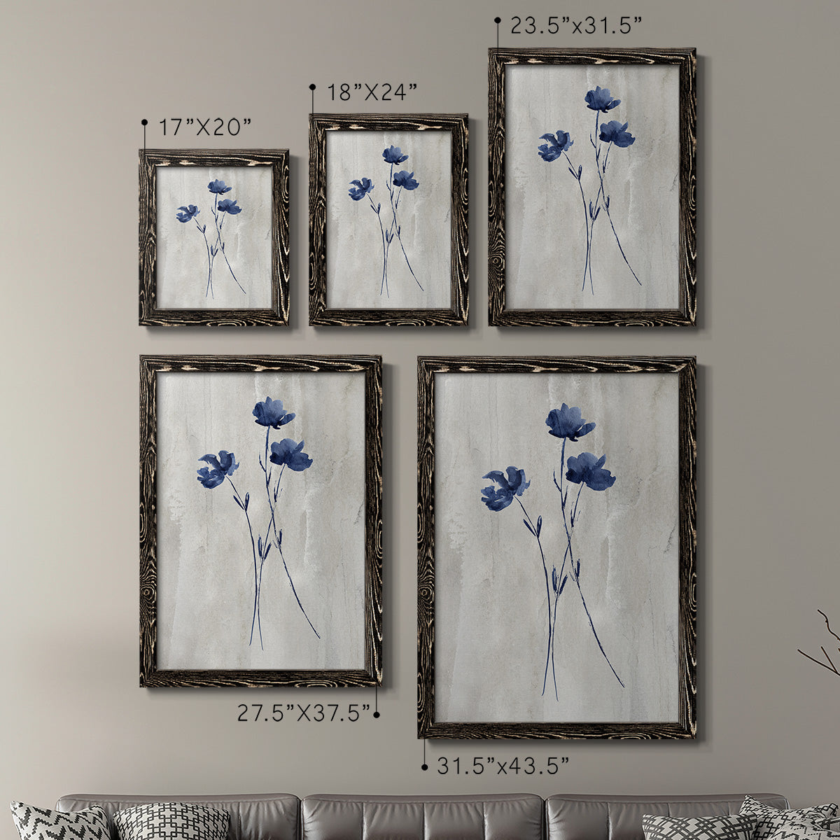 Size comparison chart for a set of two black barnwood framed canvas prints.