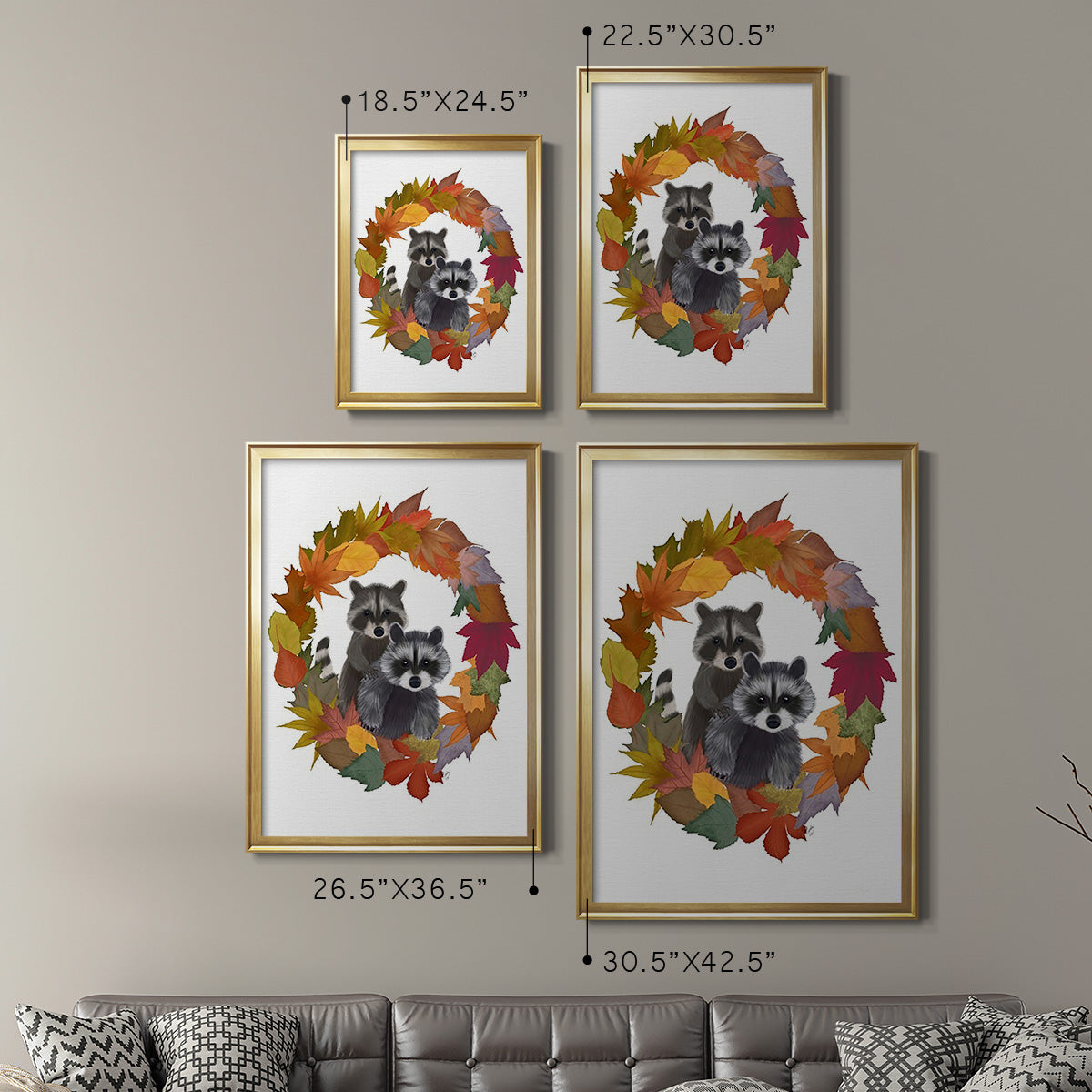 Raccoons Autumn Leaf Wreath - Modern Framed Canvas Print