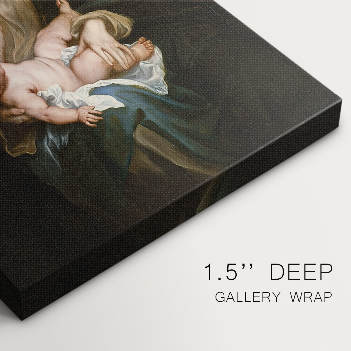 Close-up of a gallery-wrapped canvas corner showing a religious painting with elegant figures and serene expressions, highlighting texture and print detail.