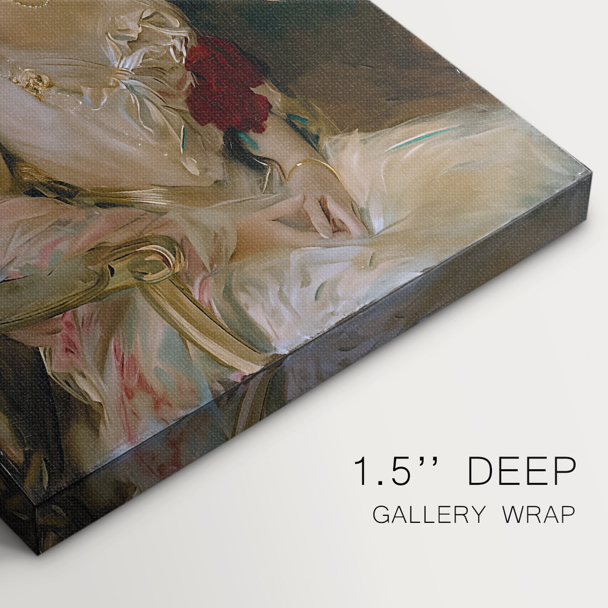 Close-up of a gallery-wrapped canvas corner showing a composed figure with soft highlights, highlighting texture and print detail.