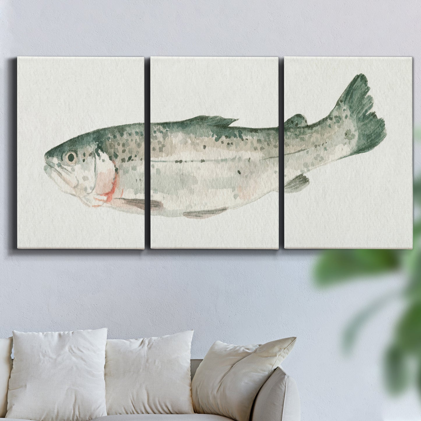 Three-panel canvas wall art featuring watercolor animal portrait, displayed in a living room above a sofa.