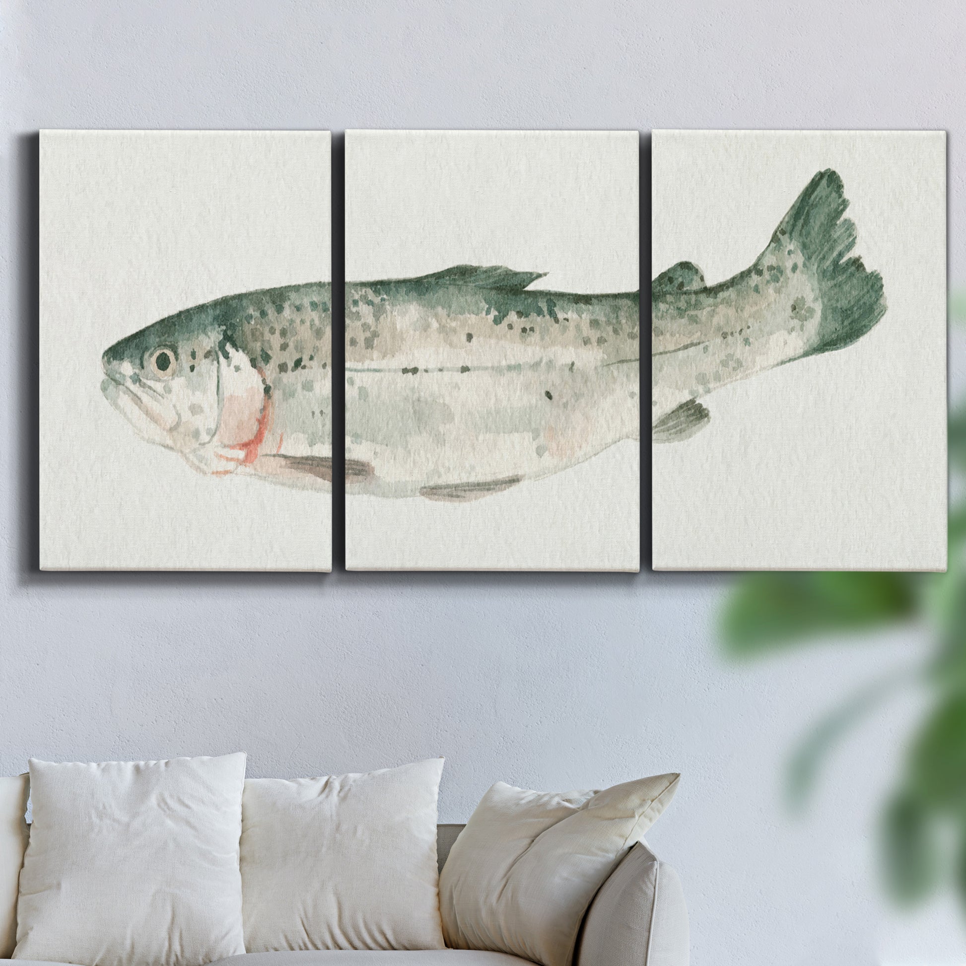 Three-panel canvas wall art featuring watercolor animal portrait, displayed in a living room above a sofa.