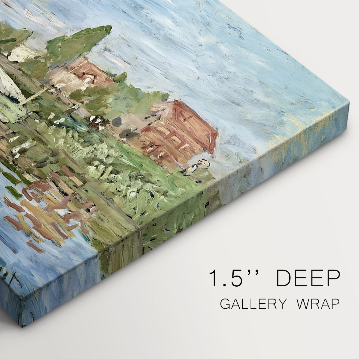 Canvas art print of colorful sailboats racing across river under bright sky, highlighting texture and gallery-wrapped edges